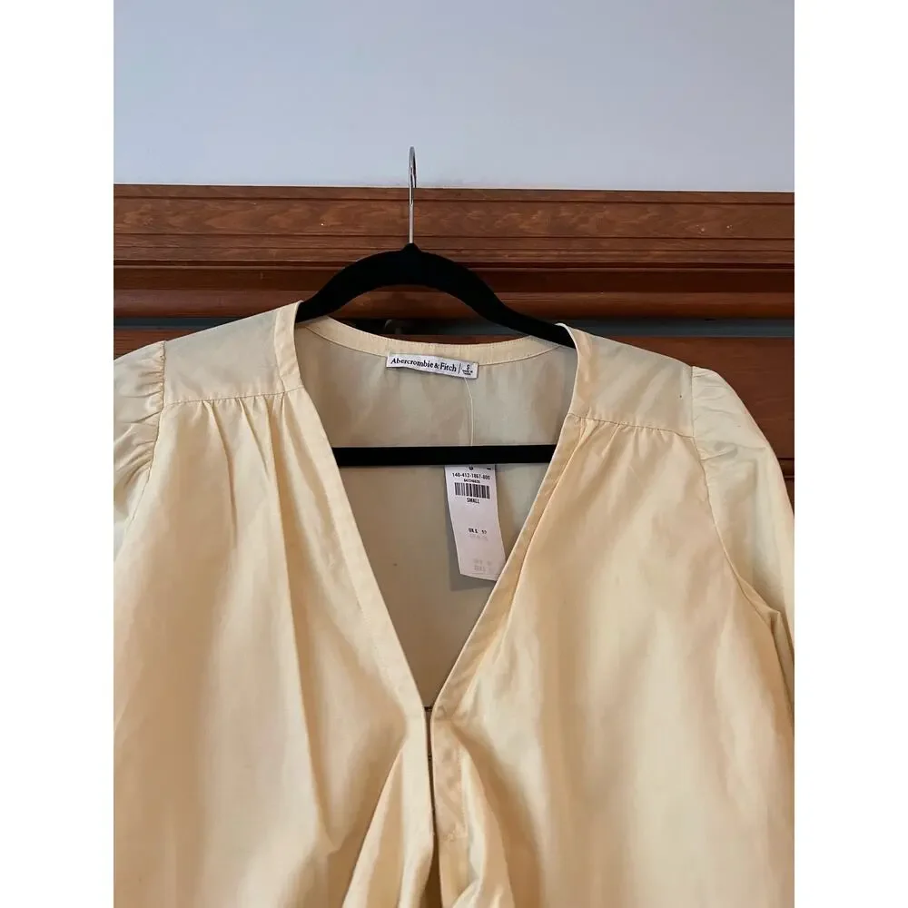 NWT Abercrombie & Fitch Poplin Tie Front Crop Top Yellow Puff Sleeve Size S
